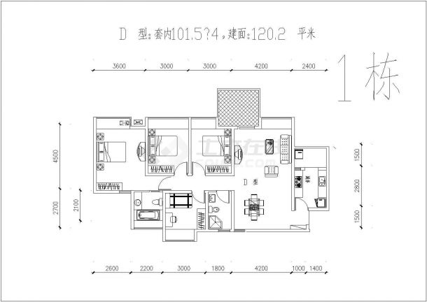 某地區三房經典戶型建筑設計CAD平面圖解析
